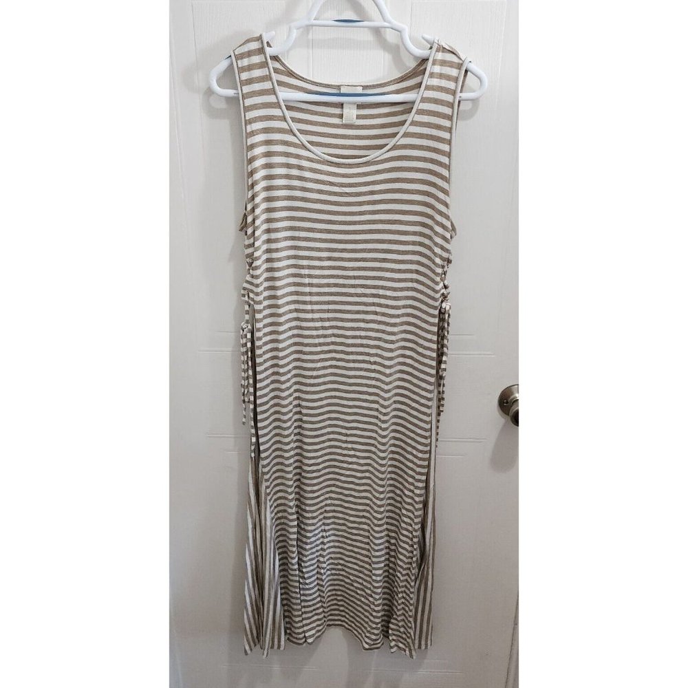 Chico's Womens Sleeveless Tank Midi Dress Side Ties Beige/White Striped Sz 1 (M)